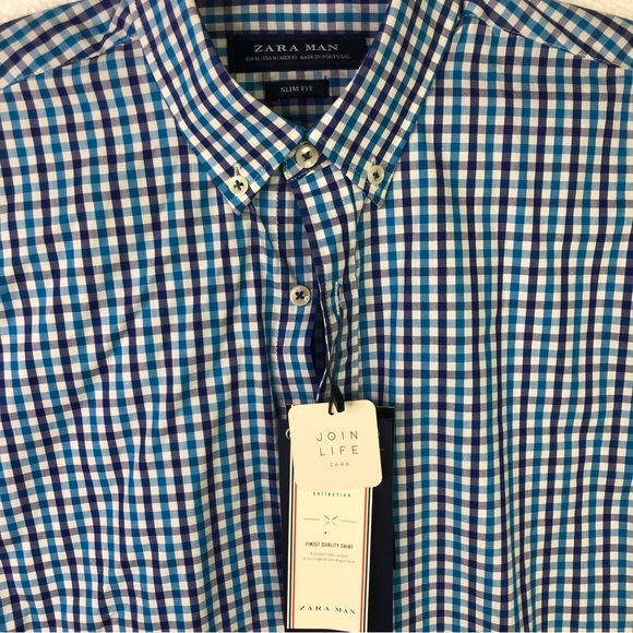 ZARA Men's Plaid Slim Fit Shirt Turquoise Blue - Picture 9 of 11